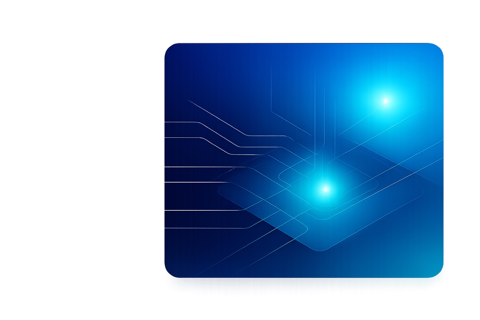 Glowing circuit paths converging into a processor die, lit from the layer below
