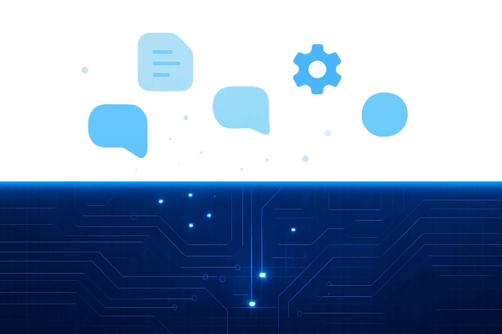 Application icons floating above a bright line, with circuit paths running below it